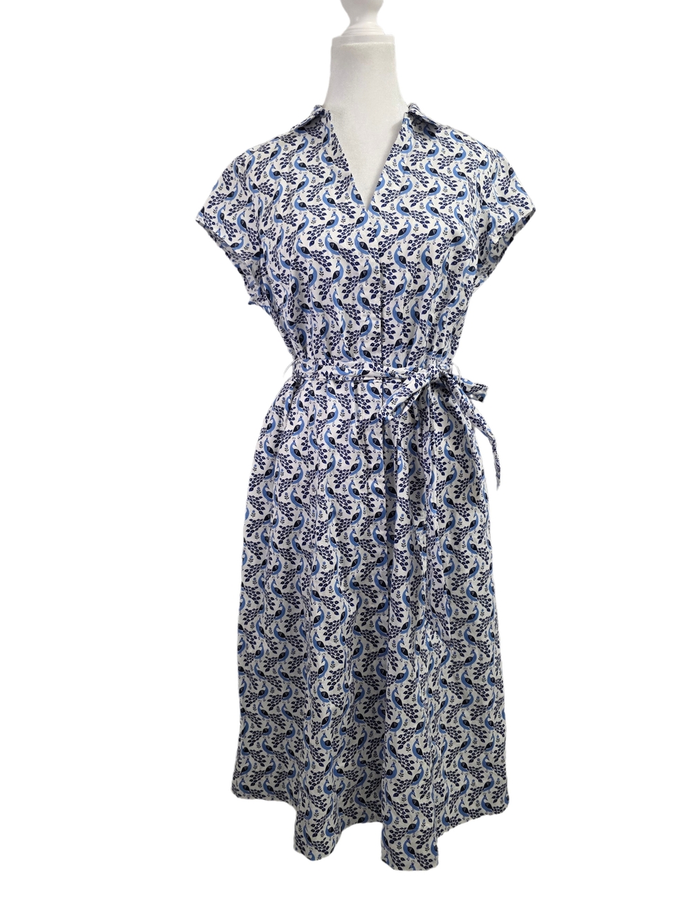 Boden White and Blue Printed Peacock Midi Shirt Dress Size 10 Long
